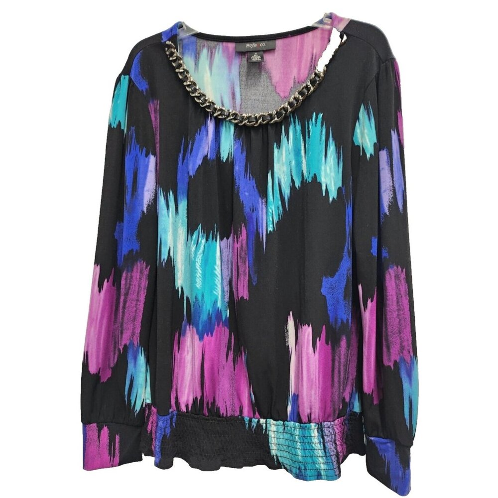 Style & Co Top Womens Medium Wearable Art Abstract Smocked Long Sleeve Office